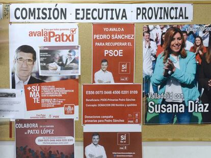 Carteles con los tres candidatos a presidir el PSOE.