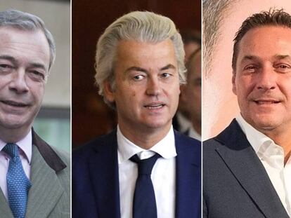 De izquierda a derecha, Nigel Farage (exlíder de UKIP), Geert Wilders (líder el PVV holandés) y Heinz-Christian (presidente del FPÖ autríaco).