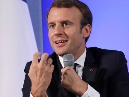 El presidente francés, Emmanuel Macron, durante un debate en sobre Europa en Frankfort.