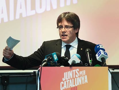 Carles Puigdemont, este sábado, en la presentación de Junts per Catalunya, en Brujas.