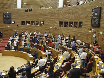 Los diputados de las Cortes Valencianas aplauden a la Asociación Víctimas del Accidente del Metro en julio de 2016. En vídeo, declaraciones de la presidenta de la asociación.