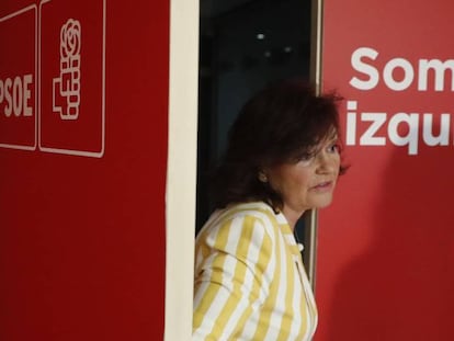 Carmen Calvo, este sábado en la sede del PSOE.