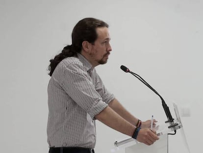 Pablo Iglesias, en una comparecencia en la sede de Podemos.