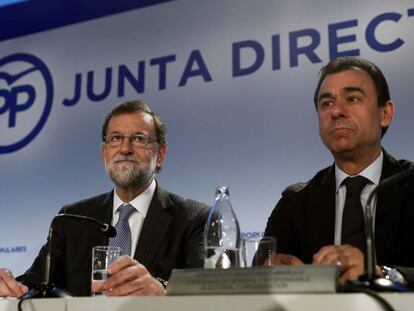 Mariano Rajoy, María Dolores de Cospedal y Fernando Martínez Maíllo, durante la reunión de la Junta Directiva Nacional del PP.