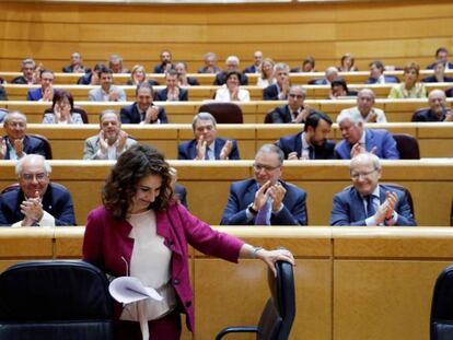 La ministra de Hacienda, María Jesús Montero, tras su intervención en el Senado sobre los Presupuestos Generales del Estado.