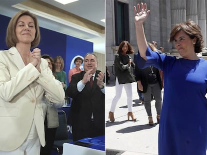 Cospedal y Soraya Sáenz de Santamaría hoy durante el anuncio de sus candidaturas.