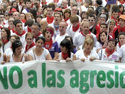 Concentración contra las agresiones sexuales en los Sanfermines, en 2016.