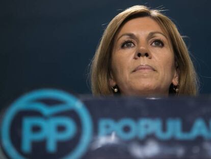 María Dolores de Cospedal, ayer durante su comparecencia en la sede del PP de Madrid. ATLAS