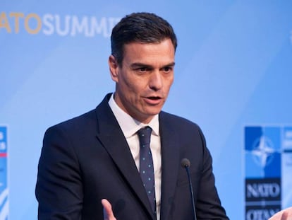 Pedro Sánchez, durante la rueda de prensa tras cerrar la cumbre de la OTAN.