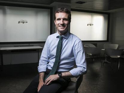 El candidato a la Presidencia del PP, Pablo Casado, en la sede nacional del partido (Madrid).