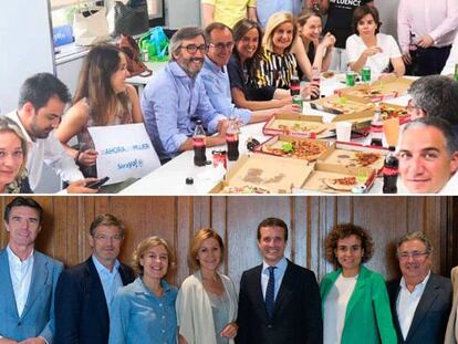 Fotografías facilitadas por la candidatura de Soraya Sáenz de Santamaría (arriba) y de Pablo Casado (abajo), de los encuentros que los dos candidatos a liderar el PP han celebrado hoy en Madrid.