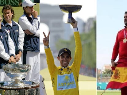 De izquierda a derecha: el equipo español de la Copa Davis 2003, Contador celebrando el Tour de 2009 y Javier Cienfuegos con el oro conseguido el pasado sábado.