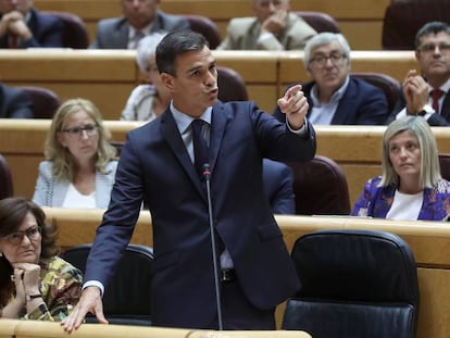 Pedro Sánchez, durante su compareciencia en el Senado. En vídeo, Pedro Sánchez da su apoyo a Carmen Montón a la salida de la cámara alta.