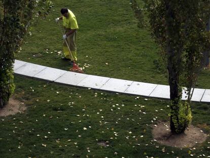 Un jardinero recoge hojas caídas de los árboles en el parque de Madrid Río.