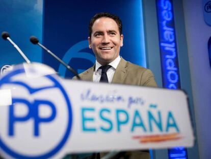 El secretario general del PP, Teodoro García, este lunes, en la sede del partido.