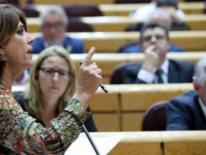 La ministra de Justicia, Dolores Delgado, en la sesión de control al Gobierno en el Senado de este martes. En vídeo, intervención del diputado del PP Javier Maroto y la respuesta de la ministra Delgado.