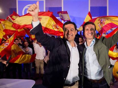 El presidente del PP, Pablo Casado, y el candidato a la Junta de Andalucía, Juan Manuel Moreno, el pasado domingo en Málaga / En vídeo, declaraciones de Pablo Casado