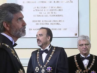 Acto de apertura del año judicial, en la imagen, el presidente del Tribunal Supremo, Carlos Lesmes (izquierda), Manuel Marchena (centro) y Luis María Díez-Picazo (derecha). Vídeo: Atlas