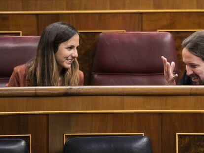 Ione Belarra y Pablo Iglesias en el Congreso de los Diputados, este martes.