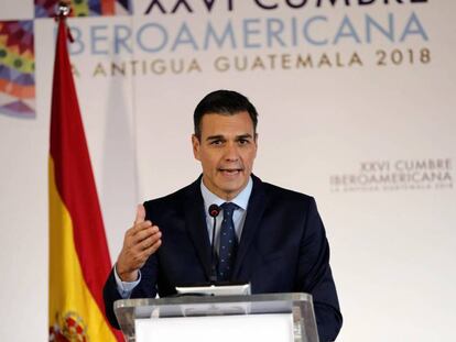 El presidente del Gobierno, Pedro Sánchez, durante la rueda de prensa en Antigua (Guatemala).