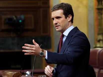 El líder del PP, Pablo Casado, durante su intervención en el Congreso de los Diputados.