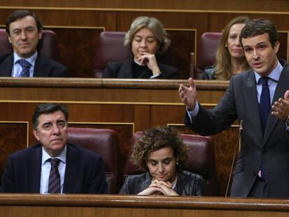 Pablo Casado, en la sesión de control al Gobierno en el Congreso de los Diputados, este miércoles.