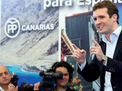 El presidente del PP, Pablo Casado, en un acto en Las Palmas de Gran Canaria, este viernes.