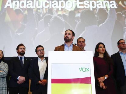 En la foto, Santiago Abascal, líder de Vox, durante la noche electoral de los comicios andaluces.