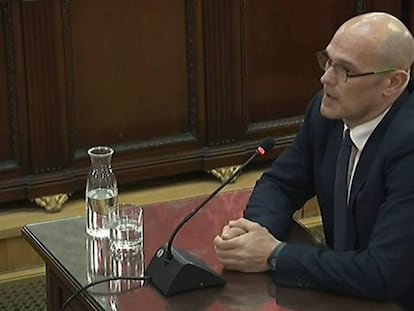 Raúl Romeva declara, declara, este martes, en el juicio por el 'procés' en el Tribunal Supremo.