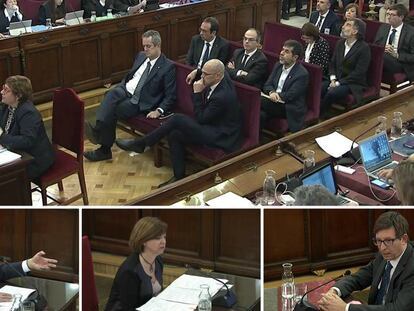 Arriba, Dolors Bassa declara en el Tribunal Supremo. Abajo, de izquierda a derecha, Josep Rull, Meritxell Borràs y Carles Mundó. En vídeo, una de las respuestas de Bassa.