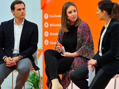 El presidente de Ciudadanos, Albert Rivera; la portavoz adjunta, Melisa Rodríguez (centro), y la cabeza de lista a las elecciones generales por Valladolid, Soraya Mayo.