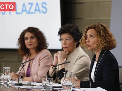 Desde la izquierda: las ministras María Jesús Montero, Isabel Celáa y Meritxell Batet, en el Consejo de Ministros del pasado viernes. En vídeo, retransmisión en directo de la Diputación Permanente.
