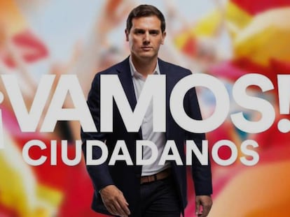 Cartel electoral de Albert Rivera para las elecciones generales. En vídeo, Rivera presenta el lema de su partido para el 28A: "¡Vamos! Ciudadanos".