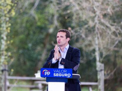 El Presidente del PP, Pablo Casado, en un mitin este domingo.