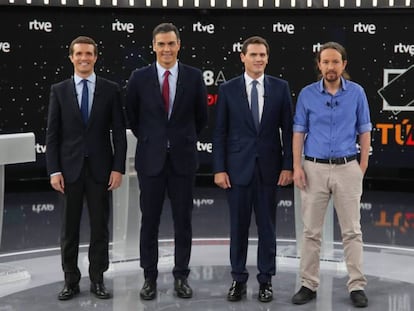 Pablo Casado, Pedro Sánchez, Albert Rivera y Pablo Iglesias durante el debate en TVE. En vídeo, resumen del debate.