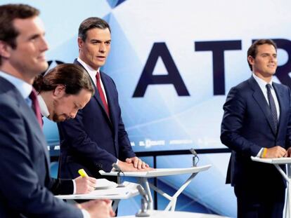 Los candidatos, durante el debate de Atresmedia.