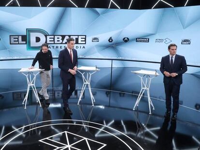Los cuatro principales candidatos a presidente del Gobierno, este martes en el debate de Atresmedia. En vídeo, los mejores momentos.