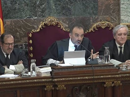 Los magistrados Martínez Arrieta, Marchena y Berdugo, durane el juicio del procés.