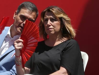 Susana Díaz y Pedro Sánchez en un mitin del PSOE. En vídeo, la líder del PSOE andaluz celebra los resultados obtenidos el pasado 28-A.