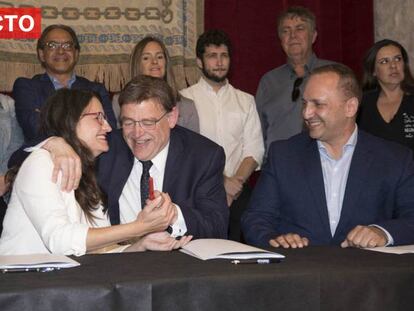 En foto: Mónica Oltra, Ximo Puig y Rubén Martínez Dalmau, en Alicante. En vídeo, retransmisión en directo del debate de investidura.