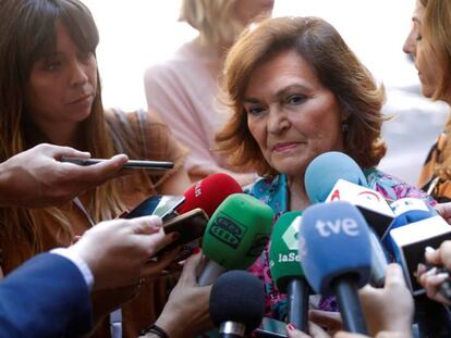 La vicepresidenta del Gobierno en funciones, Carmen Calvo, en la clausura de la la asamblea general de Cepyme este martes en Madrid. En vídeo, sus declaraciones en 'Hoy por hoy' de la Cadena SER.