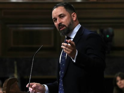 El líder de Vox, Santiago Abascal, en el Congreso. En vídeo, Abascal advierte a los independentistas: "Abandonen toda esperanza, no lograrán sus objetivos"