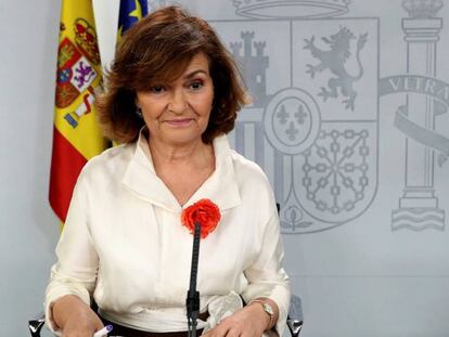 La vicepresidenta del Gobierno, Carmen Calvo, durante la rueda de prensa posterior al Consejo de Ministros.