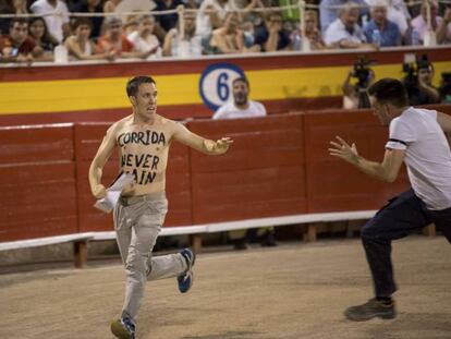 El activista holandés Peter Janssen se arrojó este viernes al ruedo del Coliseo Balear en señal de protesta por la muerte del toro. En vídeo, las corridas de toros vuelven a Palma.