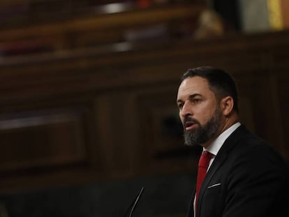 El líder de Vox, Santiago Abascal, en el pleno del Congreso del pasado día 18. En vídeo, declaraciones de Rocío Monasterio, portavoz de Vox en la Asamblea de Madrid, tras conocer la decisión judicial.