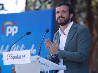 El presidente del PP, Pablo Casado, este domingo en Zaragoza.