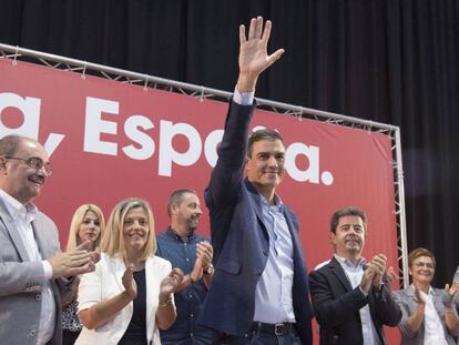 Pedro Sánchez en uno de sus mítines del PSOE en Aragón.