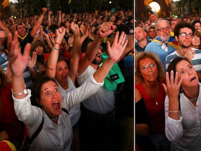Reacción de los seguidores independentistas congregados ante el Parlamento de Cataluña el 10 de octubre de 2017, tras escuchar a Carles Puigdemont declarar la secesión y suspenderla de inmediato. En vídeo, las claves del veredicto del Supremo sobre el 'procés'.