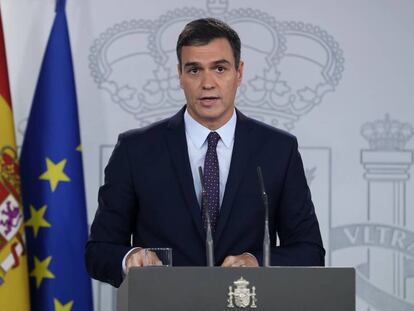 El presidente del Gobierno, Pedro Sánchez, durante su intervención. En vídeo, la comparecencia íntegra.