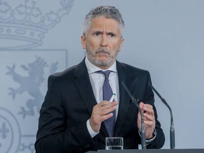 El ministro del Interior en funciones, Fernando Grande-Marlaska, este miércoles en La Moncloa. En vídeo, su rueda prensa de hoy.
